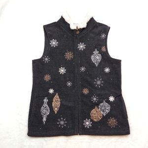 Croft & Barrow Dark Gray Snowflake Ornament Sleeveless Zip Up Fleece Vest Size S